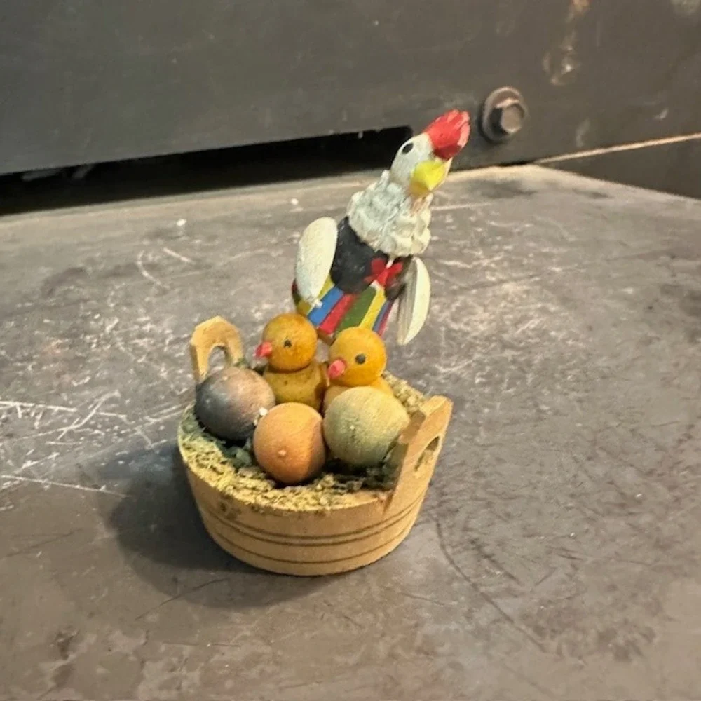 Eclectic Chicken Hen with Chicks‎ in Basket Easter Spring Figurine Decor